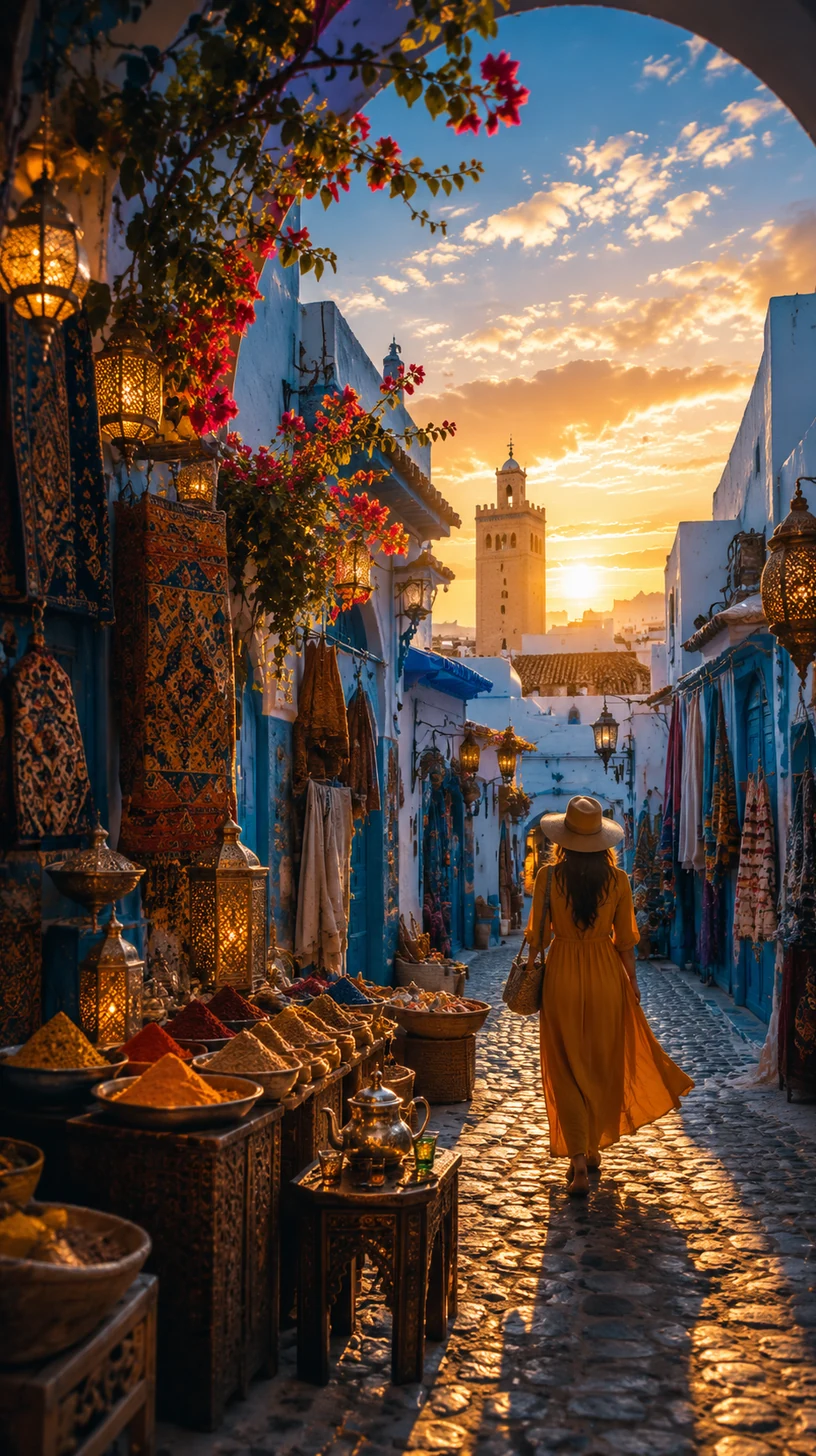 Atmospheric cultural market street with lanterns, spices and golden-hour light