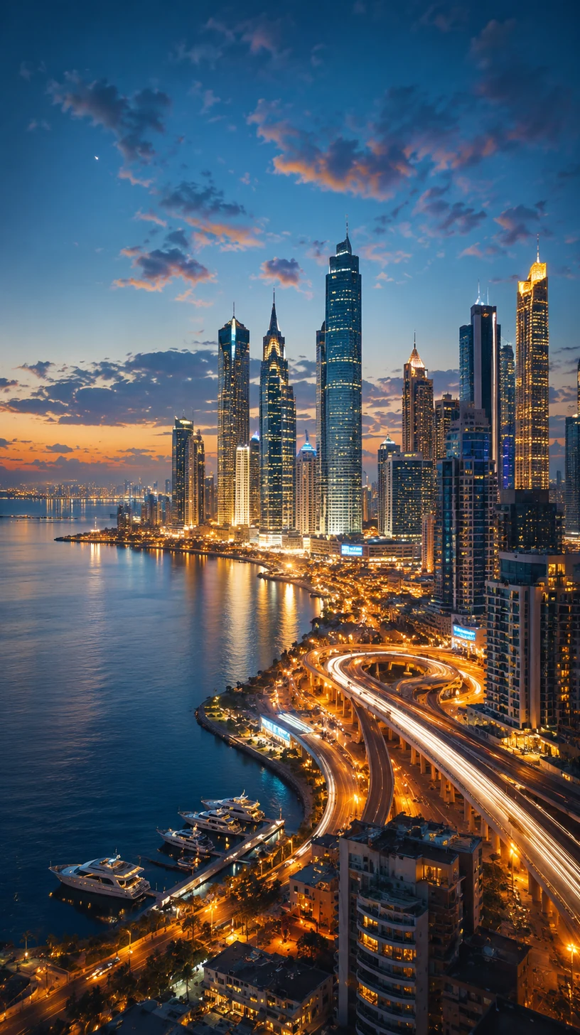 Coastal megacity skyline at blue hour with glowing roads and waterfront lights