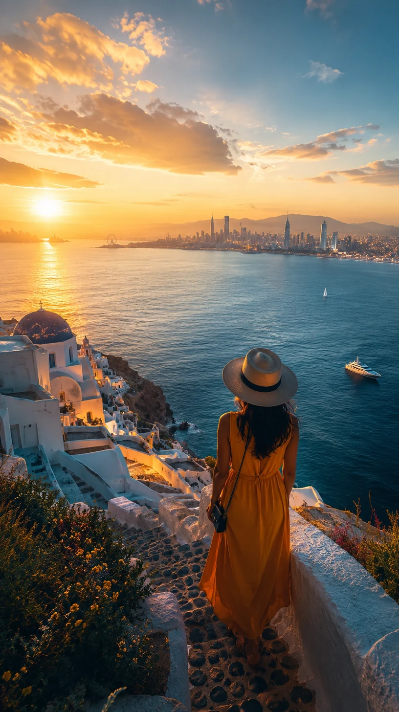 Pinterest-style coastal travel view with ocean, sunset and distant megacity