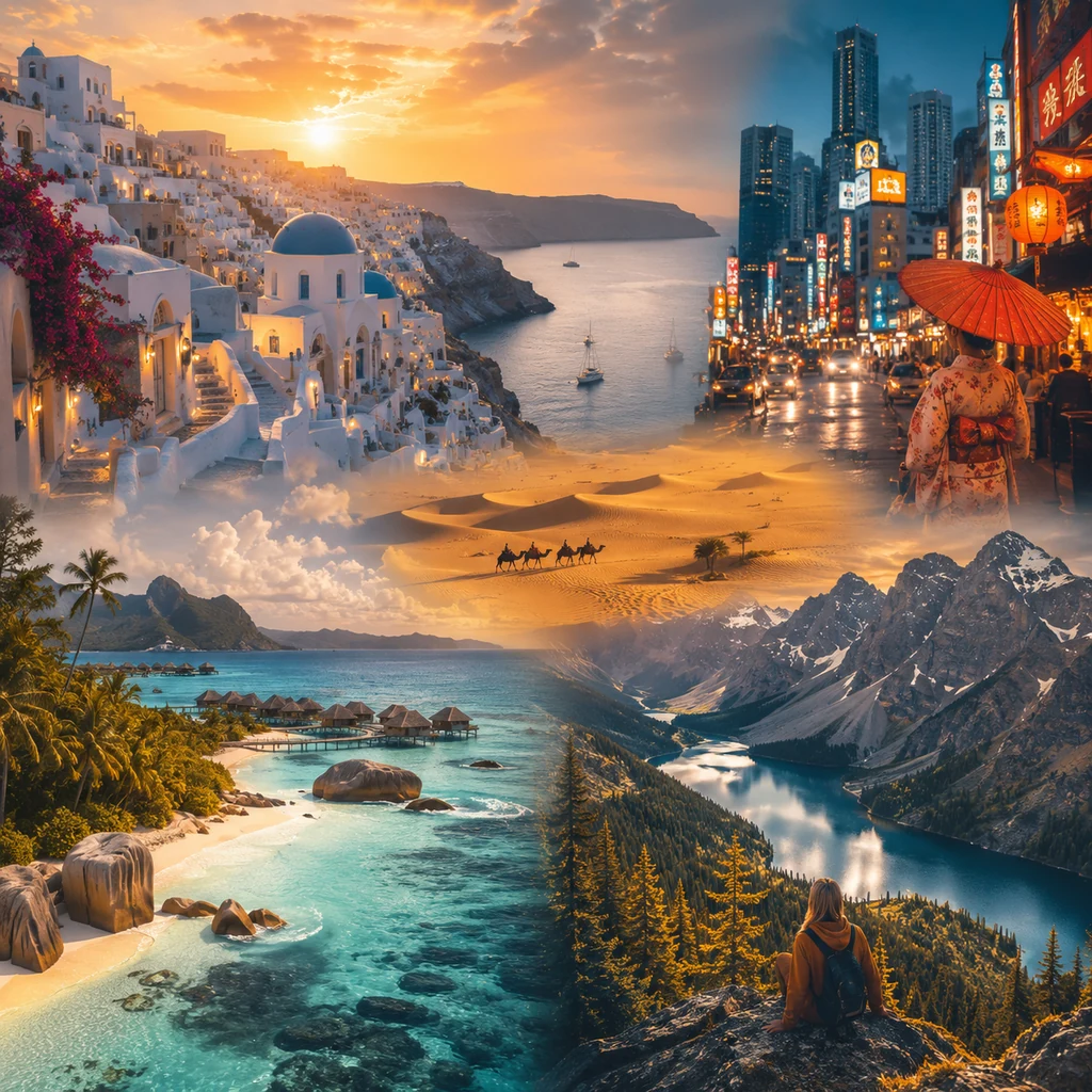Cinematic collage of continents, cultures, beaches, deserts, mountains and cities