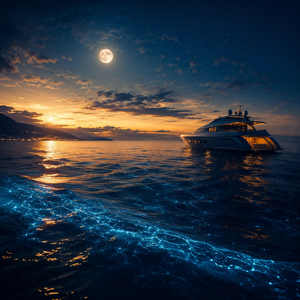Luxury yacht on a dark ocean with moonlight and blue bioluminescent waves